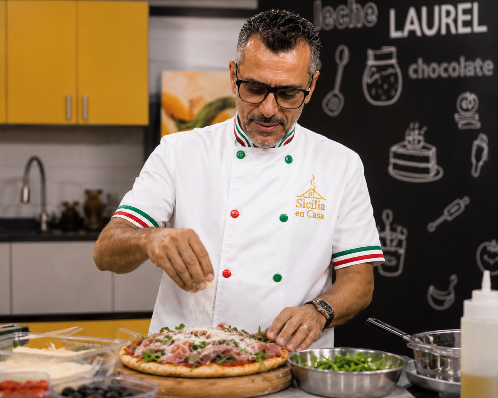Emiliano, chef at Sicilia en Casa, cooking a pizza in Medellín