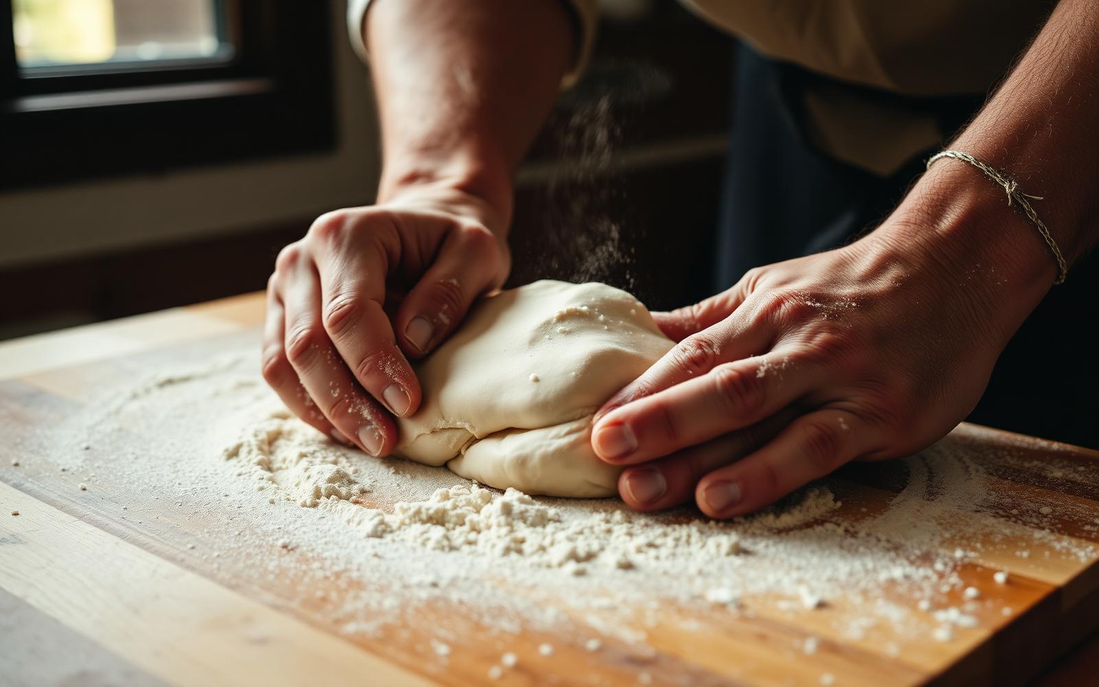 Hands kneading fresh pasta on a floured wooden board