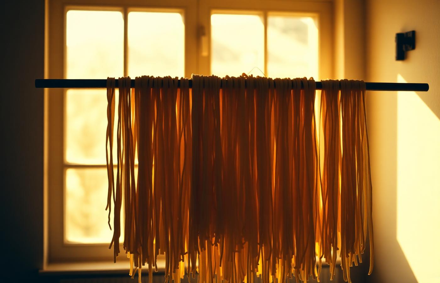 Pasta fresca colgada a secar, contraluz cálido